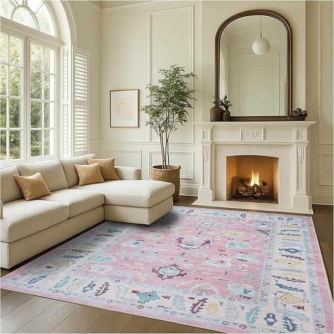 Fame Rugs Pink Modern Oushak Rug 10x13, Vintage Turkish Colorful Oriental Washable Antique Inspired Oversize Area Rugs, Luxury Living Room Bedroom (385PB, 10' x 13')