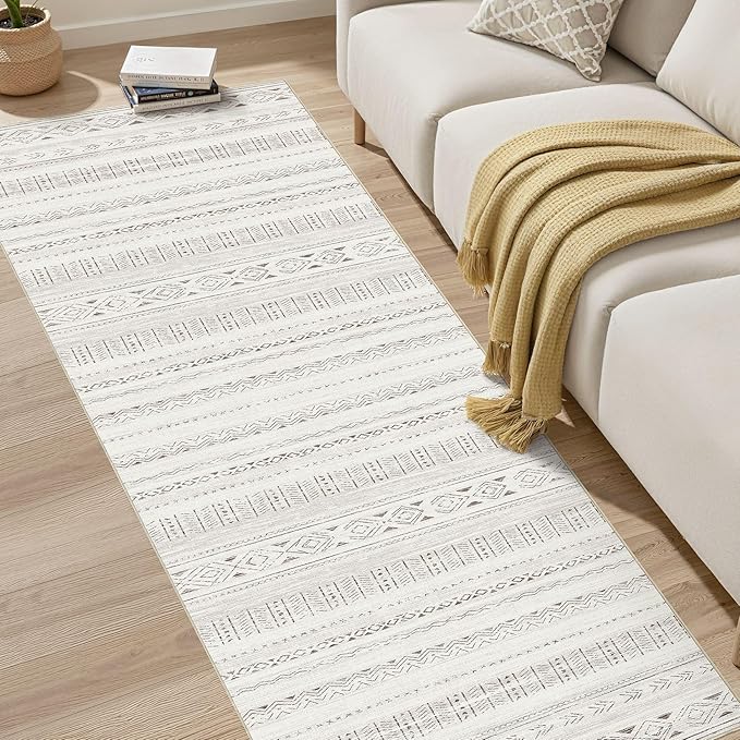 Boho Hallway Runner Rug 2.6x8: Soft Machine Washable Moroccan Farmhouse Runner for Entryway Kitchen Laundry - Non-Slip Morden Indoor Rug for Bedroom Bathroom - Light Brown/Cream