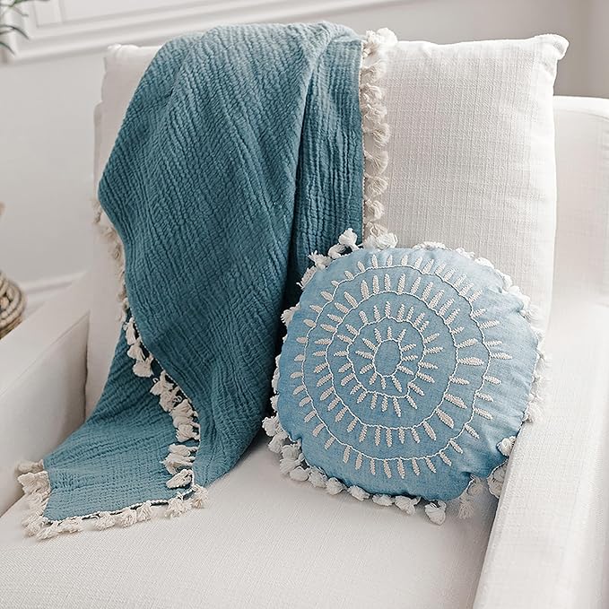 Crane Baby Pillow, Decorative Round Pillow for Nursery and Toddler Rooms, Blue, 12" x 12"