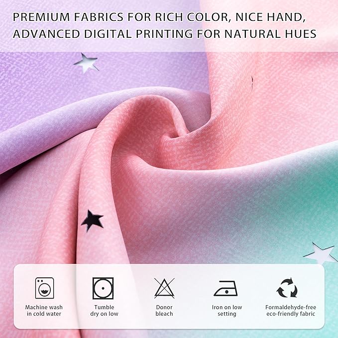 XiDi Curtains for Girls Bedroom 2 Panel Set, Thermal Insulated Window Ombre Panels, Rainbow Pink Drapes for Kids Room Unicorn Wall Decals, Black Out Curtains 63 Inch Long Pink/Purple/Green 52 X 63