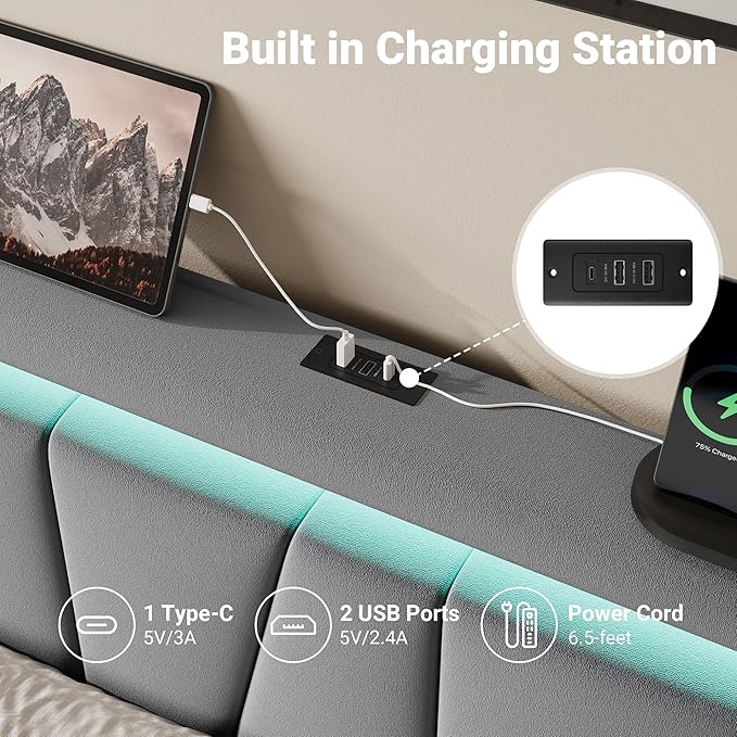Allewie Full Size LED Bed Frame with Charging Station, Velvet Upholstered Platform Bed with Geometric Wingback Headboard, Modern Frame with No Box Spring Needed, Easy Assembly, Grey