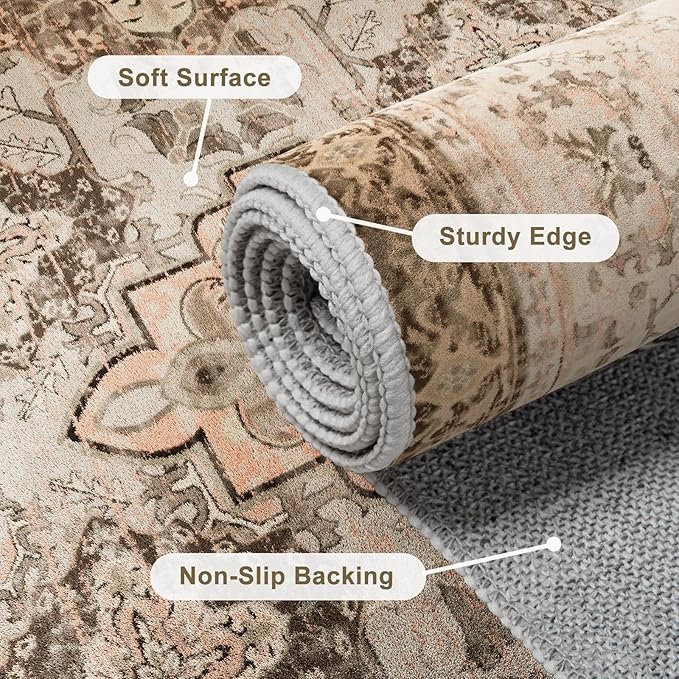 AMTOVO 2x3 Washable Entryway Area Rug Door Mat, Vintage Boho Distressed Print Pattern Non-Slip Carpet, Small Throw Rug for Indoor Entrance Kitchen Bedroom Bathroom Laundry Floor, Light Brown