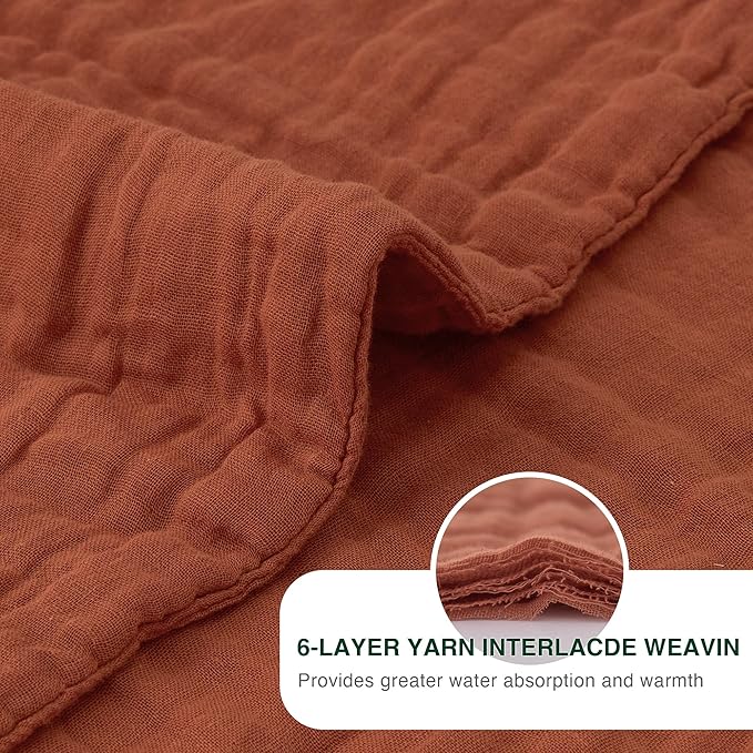 Love's cabin 6 Layer 100% Cotton Muslin Blanket, 108"x90" Muslin King Size Blanket for Bed Couch, Lightweight and Breathable Cotton Gauze for Adult, Orange