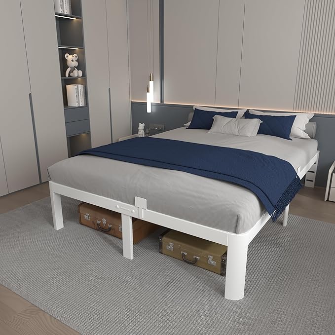 12 Inch White Full Size Bed Frame with Baffles, Metal Full Bed Frame No Box Spring Need, Heavy Duty Steel Platform Support, Reserved Holes, Round Corner Legs, Storage Space, Noiseless