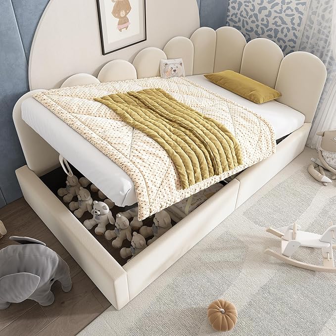 Merax Modern Upholstered Lift Up Sofa Day Bed with Headboard, Velvet Platform Bed Frame with Hydraulic Storage, No Box Spring Needed/Easy Assemble Twin, Beige