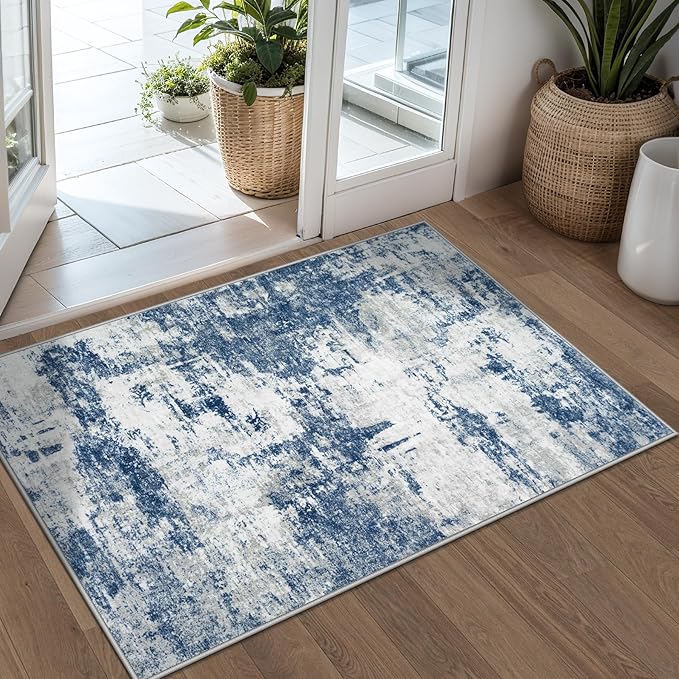 Area Rug 2x3 Washable Rug: Soft Small Entryway Rug with Anti-Slip Backing Non-Shedding Stain-Resistant Abstarct Modern Carpet for Kitchen Bedroom Indoor Front Entrance-Gray/Blue