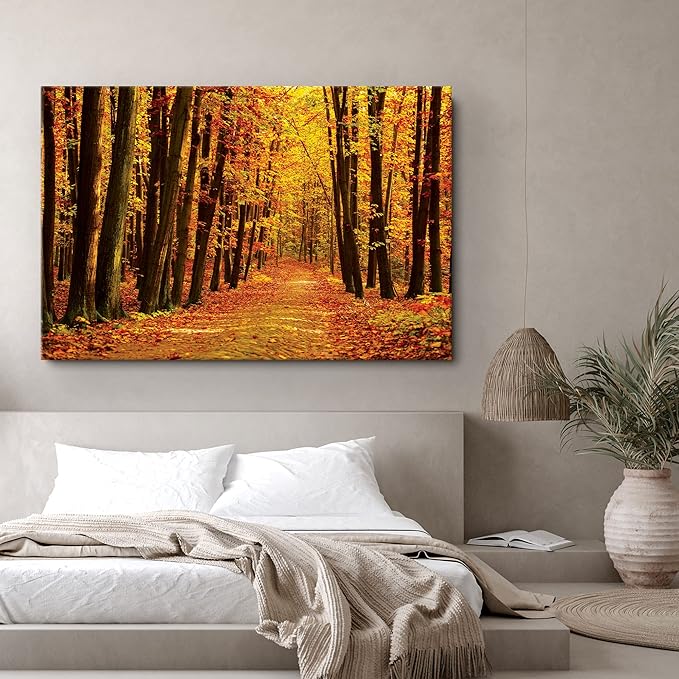 SIGNWIN Canvas Print Wall Art Walk Through Red Yellow Leaf Autumn Forest Nature Wilderness Photography Modern Art Rustic Landscape Relax/Calm Multicolor for Living Room, Bedroom, Office - 12x18
