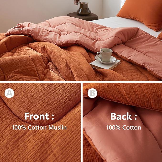 Simple&Opulence 100% Cotton Muslin Comforter Set King Size, 3PCS Washed Cotton Gauze Comforter, Soft Lightweight All Seasons Bedding Sets with 2 Pillow Shams(Burnt Orange,King)