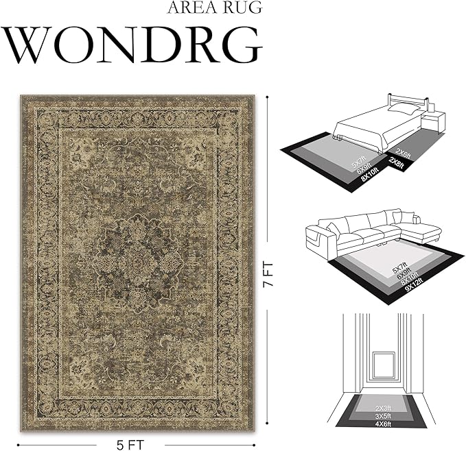 2x3 Brown Washable Vintage Area Rug for Living Room Bedroom Soft Tranditional Non Slip Thin Throw Rug Lightweight Floral Low Pile Distressed Doormat Entrance Dining Laundry Room Kitchen