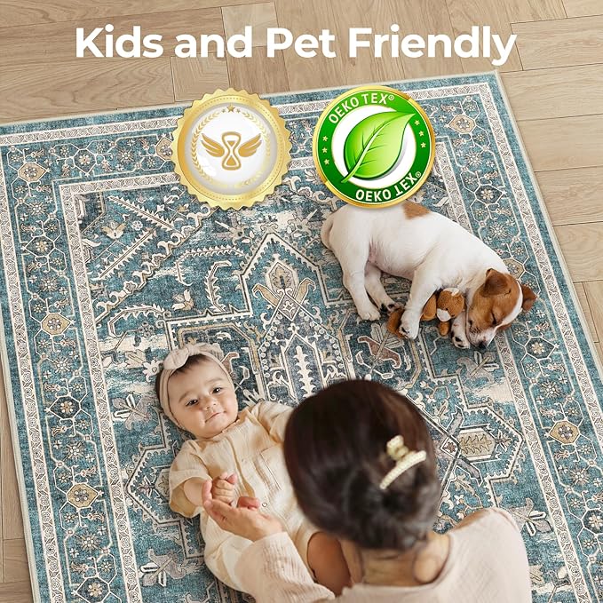 WITSHOCK Living Room Area Rugs 6x9: Washable Rug Boho Soft Non-Slip Low Pile Stain Resistant Foldable Carpet for Bedroom Playroom Dining Room Office Kitchen Farmhouse Home Decor Rug-Dull Teal