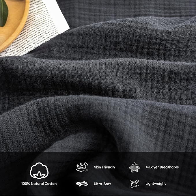 FOSSA Muslin Blanket with Fringe - 4-Layer 100% Cotton Gauze Super Soft & Breathable Throw -Lightweight Decorative Cooling Blanket for Bed, Sofa, Office -Throw XL Size 70" x 50" (Dark Gray)