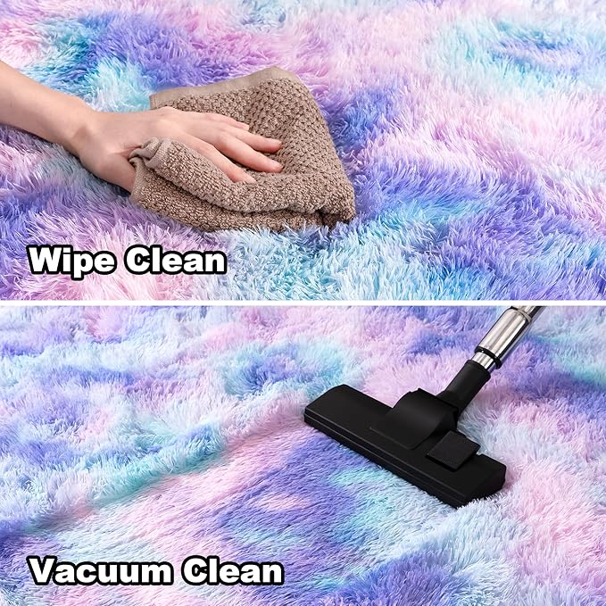 2x6 Fluffy Runner Rug - Non Slip Blue Rainbow Tie-dye Rug for Living Room - Cute Indoor Floor Rug for Girls Room