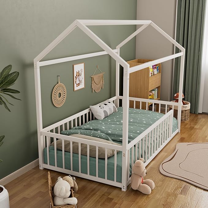 House Shape Twin Size Montessori House Bed Metal Floor Bed Twin Bedframe for Kids No Box Spring Needed, White