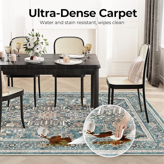 WITSHOCK Living Room Area Rugs 6x9: Washable Rug Boho Soft Non-Slip Low Pile Stain Resistant Foldable Carpet for Bedroom Playroom Dining Room Office Kitchen Farmhouse Home Decor Rug-Dull Teal