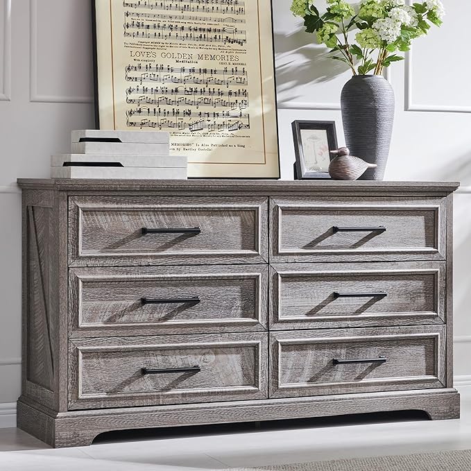 ACCOHOHO Farmhouse 6 Drawer Dresser for Bedroom, 52 Inch Wide Modern Dresser TV Stand with Large Drawers & Bar Handles, Rustic Wood Chest of Drawers for Bedroom, Living Room, Hallway, Grey