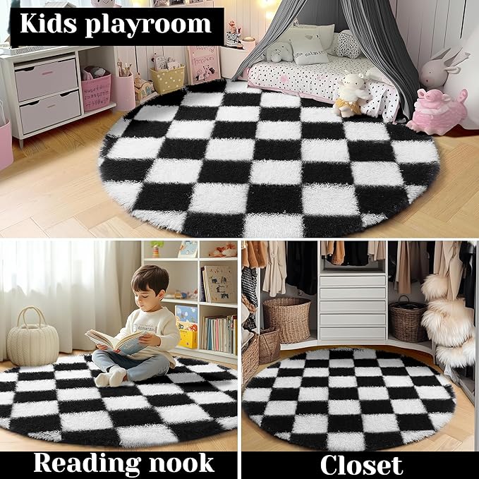 KICMOR Round Rugs 8ft Black and White Circle Area Rug, Fluffy Soft Large Fuzzy Shag Shaggy Bedroom Living Room Carpet, Indoor Checkered Circular Rug for Kids Boys Girls Home Decor Aesthetic, Nursery