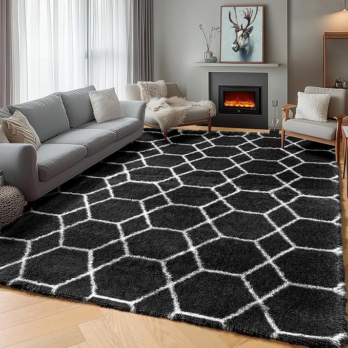 ONASAR 5x7 Area Rugs for Living Room Bedroom, Washable Fluffy Black and White Rug, Geometric Boho Soft Plush Shaggy Floor Carpet Mat for Nursery Kids Girls Boys Teen Dorm Home Decor Aesthetic