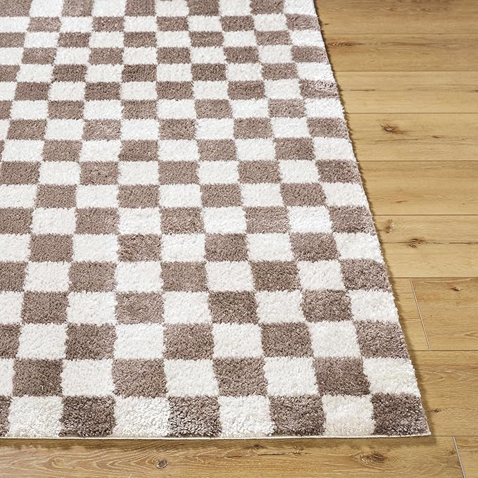 Hauteloom Canika Modern Checkered High Pile Area Rug - Contemporary Geometric Carpet for Living Room, Bedroom - Machine Washable Area Rug - Peach, Dark Brown - 6'7" x 9'