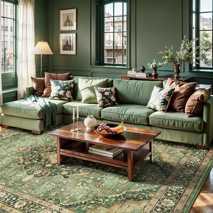 Green Rugs for Living Room - Boho 4x6 Area Rug Ultra Soft Vintage Rugs for Bedroom Playroom Decor, Low Pile Non-Slip Backing Throw Rugs Washable (Border Green