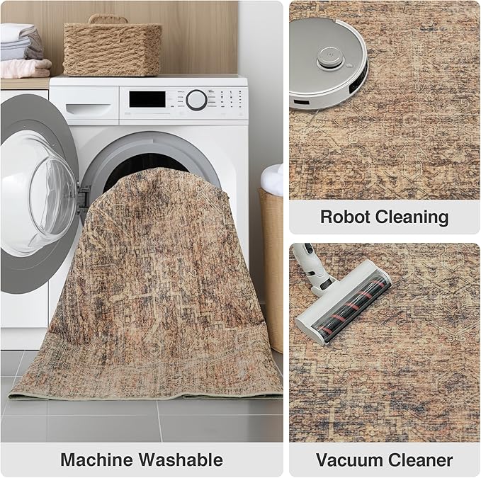 FMFUNCTEX 8x10 Washable Area Rug Rust Brown Vintage Neutral Distressed Oriental Large Non Slip Carpet for Living Room Bedroom Soft Low Pile Indoor Mat Retro Rug for Dining Room Kitchen Office Nursery
