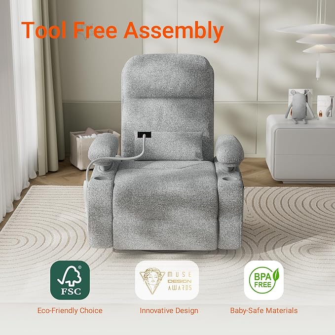 MAMAZING Oversized Electric Nursery Rocking Chair with Adjustable Armrests, Power Recliner Glider Nursing Chair for Breastfeeding, USB & Type-C Ports, Phone Holder, Oeko-TEX & FSC Certified(Grey)