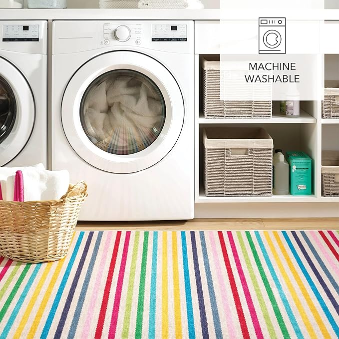 Dash and Albert Rainbow Machine Washable Area Rug - 4' x 6' Multicolor Stripe Washable Accent Rug - Durable, High Traffic Areas Kitchen, Mudroom, Hallways