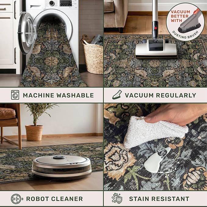 Floral Kitchen Runners - 2x7 Long Runner Rug for Hallway Bathroom Laundry Room Bedroom Beside Bed Entryway, Boho Birds Leaves Patterned Non Slip Low Pile Washable Rugs
