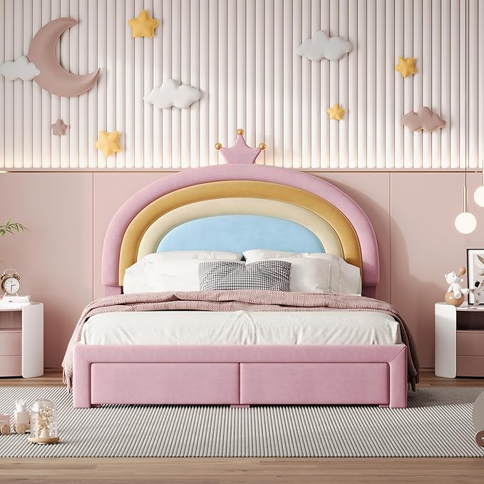 LUMISOL Cute Bed Frame for Kids, Rainbow Design Upholstered Platform Bed, Full Size Velvet Princess Bed with Drawer, Full Size Pink Girls Bed