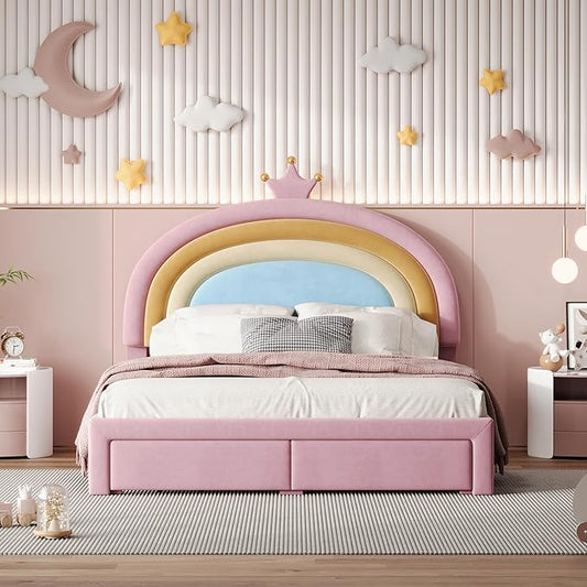 LUMISOL Cute Bed Frame for Kids, Rainbow Design Upholstered Platform Bed, Full Size Velvet Princess Bed with Drawer, Full Size Pink Girls Bed