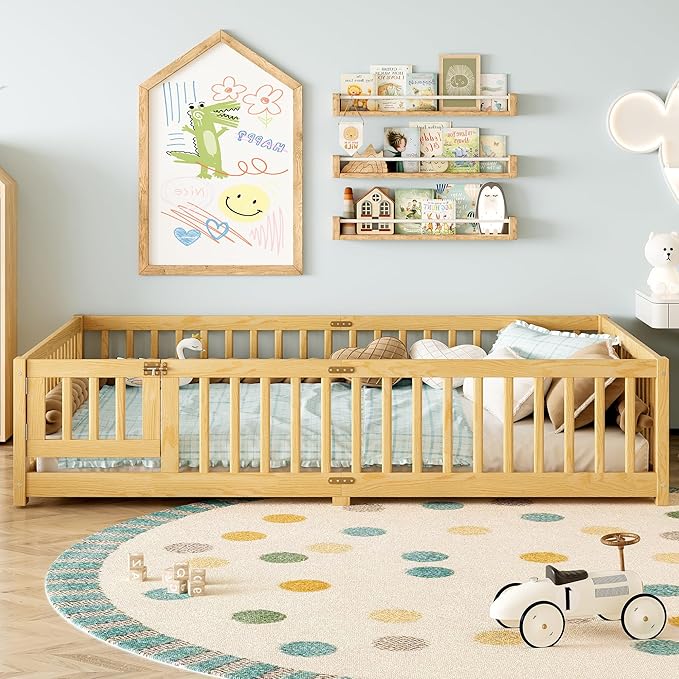 Bellemave Queen Size Floor Bed with Rails for Kids, Girls, Boys, Pine,Plywood Floor Bed with slats and Door, Natural
