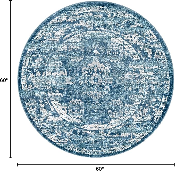 Rugs.com Charleston Collection Rug – 5 Ft Round Navy Blue Low-Pile Rug Perfect for Kitchens, Dining Rooms