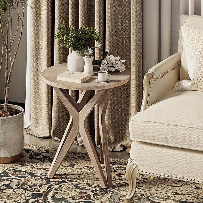 LONYKE Pedestal Farmhouse End Table Set of 2, Distressed Top with Tripod Base Bedside Table for Living Room, Modern, Boho Decor, Round (2-Pack, Distressed Aah Grey)