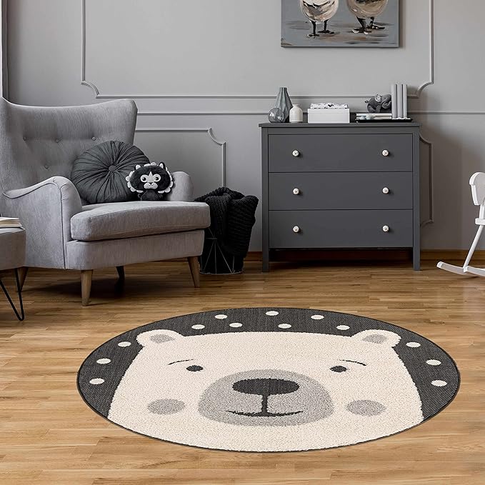 Hauteloom Kids Room, Nursery Round Area Rug - Outdoor Patio Safe - Animal Bear Playroom Carpet - Beige, Gray, Black, Cream - 7'10"