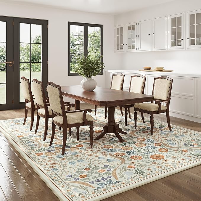 9x12 Floral Washable Area Rug for Living Room, Non-Slip Soft Vintage Boho Carpet, Botanical Forest Beige Low Pile Rugs for Bedroom, Dinning Room, Home Office, Dorm, Nursery, Beige