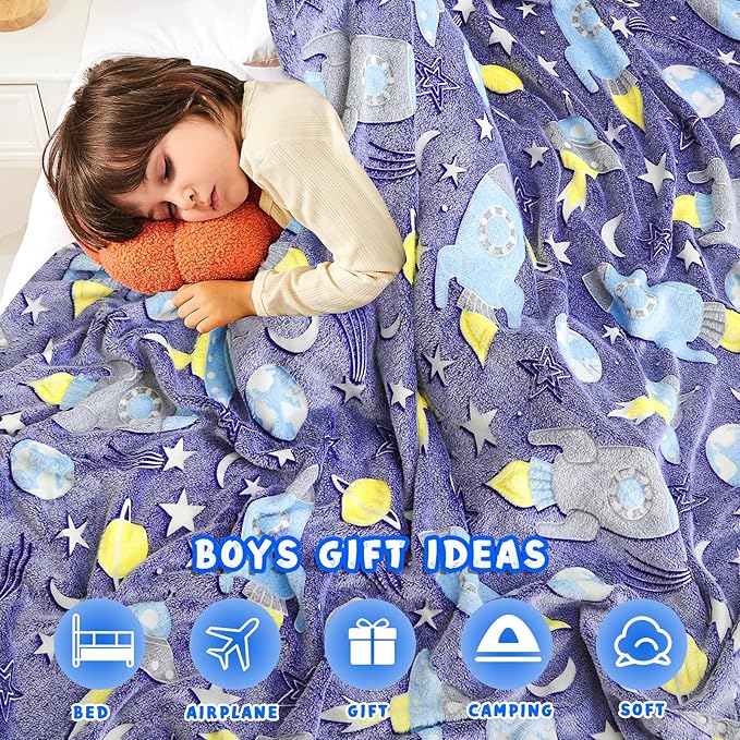 inhand 2 3 4 5 6 7 8 9 10 11 12 13 Year Old Boy Birthday Gifts, Glow in The Dark Space Planet Galaxy Soft Blanket for Boys Cute Kids Throw Blanket Funny Stars Blanket Boys Room Decor (50"x60"Space)
