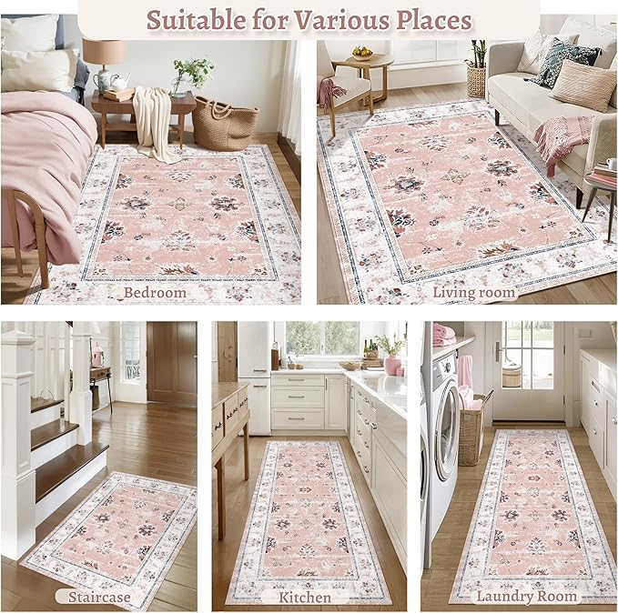 Tangsoo Floral 8x10 Washable Rug Pink Area Rugs for Living Room Large Bedroom Rug Non Slip Soft Indoor Floor Carpet for Girls Room Nursery Playroom