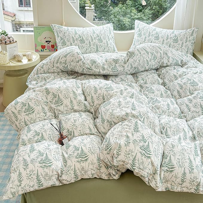 LifeTB Muslin Duvet Cover Queen Size 100% Cotton Botanical Floral Comforter Cover Ultra Soft Cottagecore Bedding Set Lightweight Linen Feel Textured Breathable Gauze Duvet Cover with 2 Pillowcases