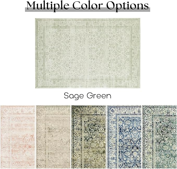 Sage Green Rug for Bedroom Neutral Boho Farmhouse Floral Washable Soft Faux Wool No Slip Area Rugs for Living Room Home Office,5x8
