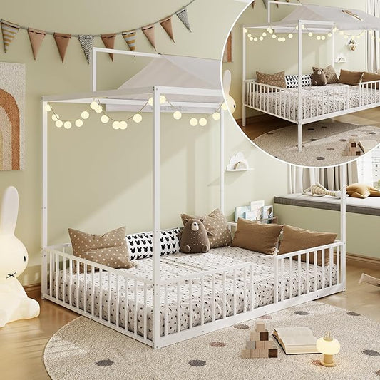 Harper & Bright Designs Full Size Montessori Floor Bed Frame for Kids, Metal Floor Bed with Canopy and Guardrails, High Fenced Canopy Bed with Sturdy Metal Slats Support, Easy Assembly, White