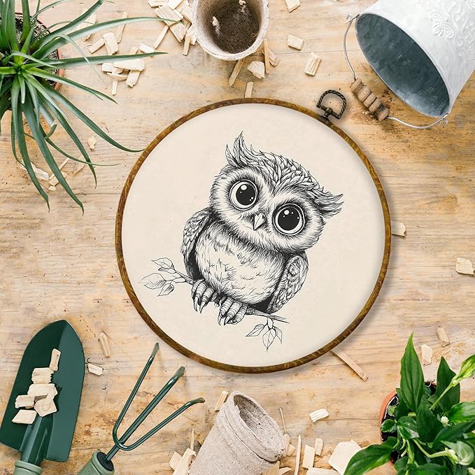 Hiuwevt Vintage Owl Round Wall Art Decor, Cottagecore Neutral Owl Framed Canvas Prints, Retro Rustic Forest Wildlife Round Wall Hanging Decor for Home Nursery Kids Bedroom Decorations, 10x10 Inches