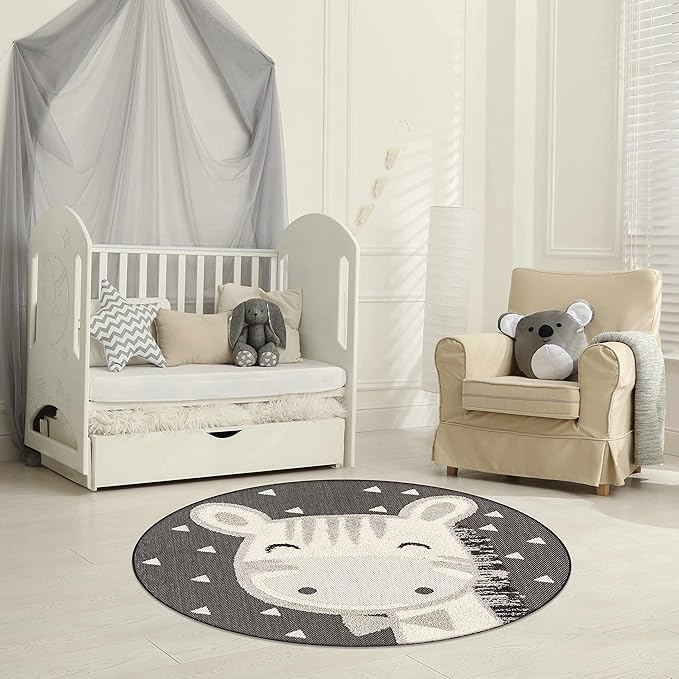 Hauteloom Kids Room, Nursery Round Area Rug - Outdoor Patio Safe - Animal Baby Bowtie Giraffe Playroom Carpet - Beige, Gray, Black, Cream - 5'3"