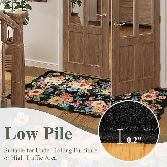 DUKINO 4x6 Area Rug, Floral Non-Slip Indoor Washable Rug with Low Pile & Non-Shedding, Lightwight Boho Design Carpet for Entryway, Bedroom, Kids Room, Living Room, Kitchen, Black