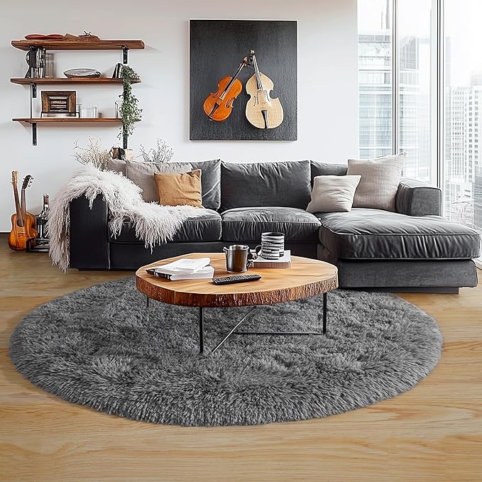 5'x5' Grey Round Rug for Bedroom, Ultra Soft Fluffy Circle Rug for Kids Girls Boys Room, Cute Shag Rugs for Living Room Playroom Teen Room Home Decor Rug