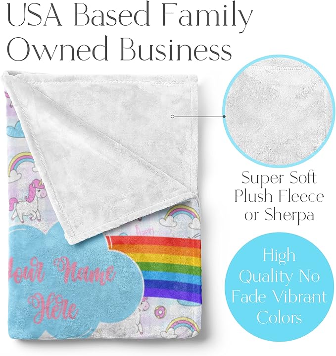Personalized Rainbow Unicorn Throw Blanket for Girls and Boys with Custom Name, Cute Soft Bedding for Nursery Room or Tummy Play, Warm and Plush (Fleece 30x40)