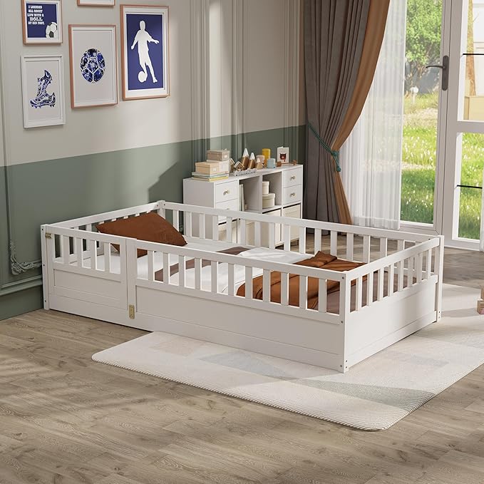 GDFStudio Twin Size Toddler Floor Bed Frame with Door & Guardrails, Toddler Twin Bed Frame for Kids Boys Girls, Low to Floor Child Bed Rail Design, Wooden Floor Bed for Baby, No Support Slat, White
