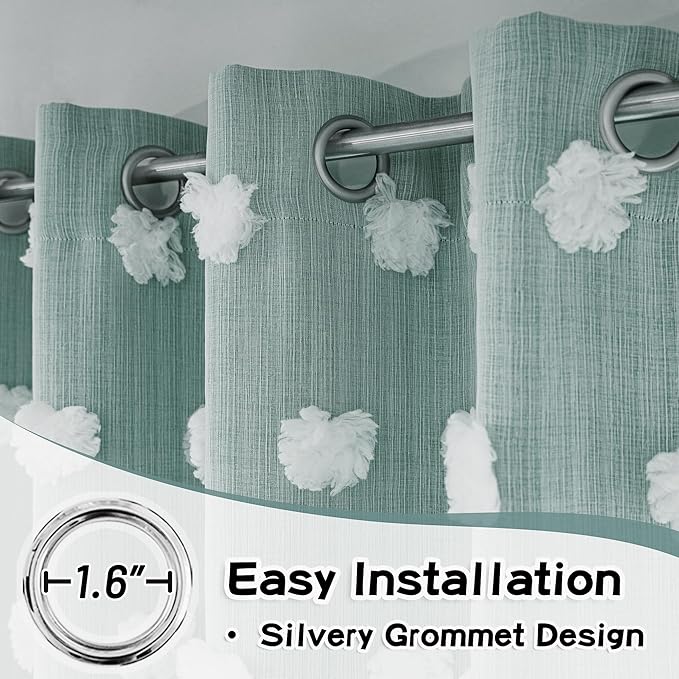 MYSKY HOME Room Darkening Curtains White Sheer Pom Pom Curtains for Living Room Teal Blackout Curtains for Sliding Door Decor Drapes Double Layer Window Panels Boys Bedroom Grommet Set of 2 W52 X L95