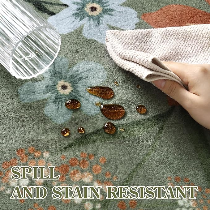 Lahome Floral Washable Round Area Rug, Round Rug 5ft Soft Non-Slip, Non-Shedding Boho Circle Carpet for Bedroom Living Room Bathroom Nursery Kitchen, Green