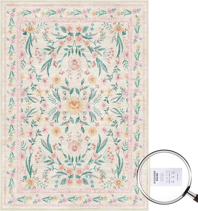 8x10 Pink Floral Area Rug,Large Washable Living Room Carpet for Girls Bedroom, Nursery or Playroom,Boho Vintage Soft Non-Slip Rug for Kids or Teen Girl Room Decor