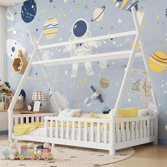 Twin House Bed with Roof & LED Light, Low Profile House Bed with Fence, Safe Guardrails, DIY-Friendly for Boys & Girls, Solid Wood & MDF Construction, No Box Spring Required, White