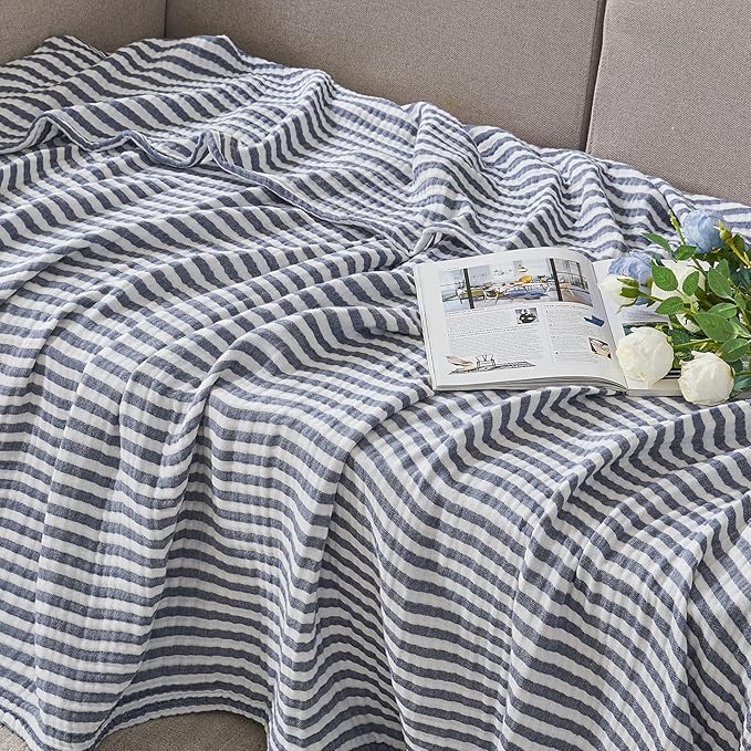 EMME Cotton Muslin Queen Blanket Bed Layering Bedspread Coverlet Breathable Gauze Soft Lightweight Adults (Striped Navy, 90"x90")